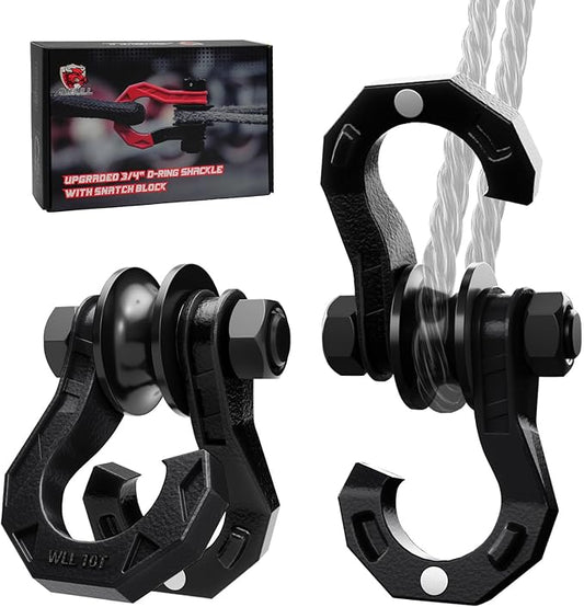 D Ring Separate Shackle with Snatch Block 2 Set, 3/4" Shackles w/Snatch Block Pulley, Heavy Duty Shackle for Towing Winch, Pulley for Off-Road Vehicle Recovery, Truck, ATV, UTV, BlackBlack