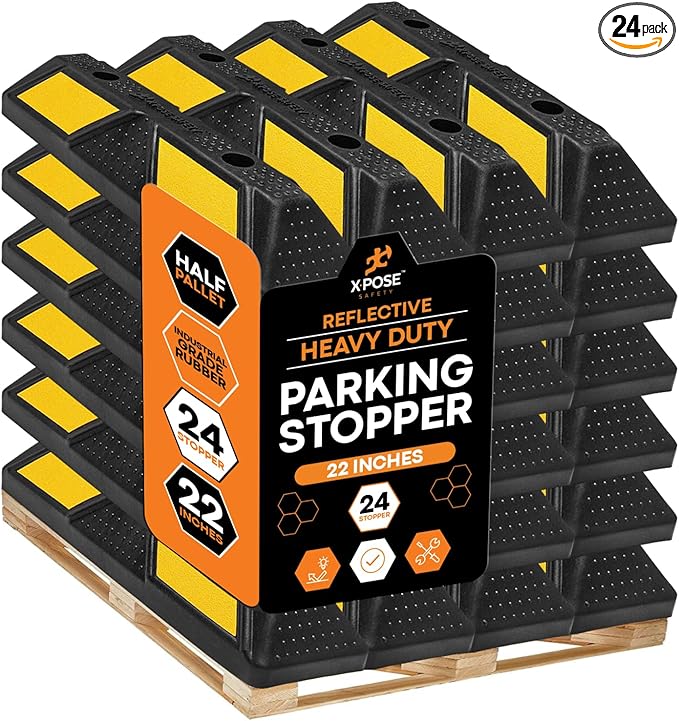 Xpose Safety 22" Heavy Duty Rubber Parking Stopper – Bulk Half Pallet 24 Pack Wheel Blocks for Garage, Driveway, or Ramp – Car Bumper Stop with Yellow Reflective Strips – Removable Floor Mount