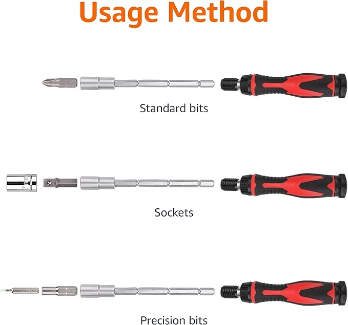 Amazon Basics Magnetic Ratcheting Wrench and Electronics Precision Screwdriver Set, 73 count (Pack of 1), Black/Red/Silver