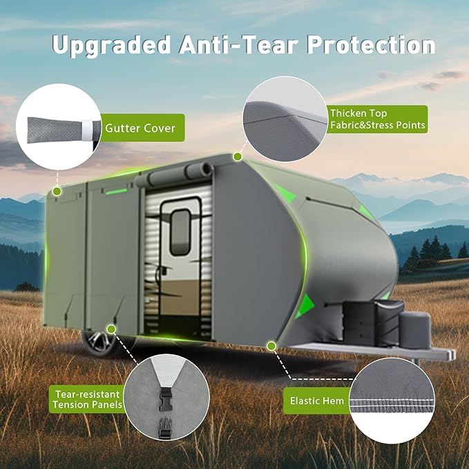Utility Travel Trailer Cover 27-30 ft, Waterproof Windproof Anti-UV, Rip-Stop Extra-Thick 6 Layers, RV Jack & 4 Tire Covers Gray