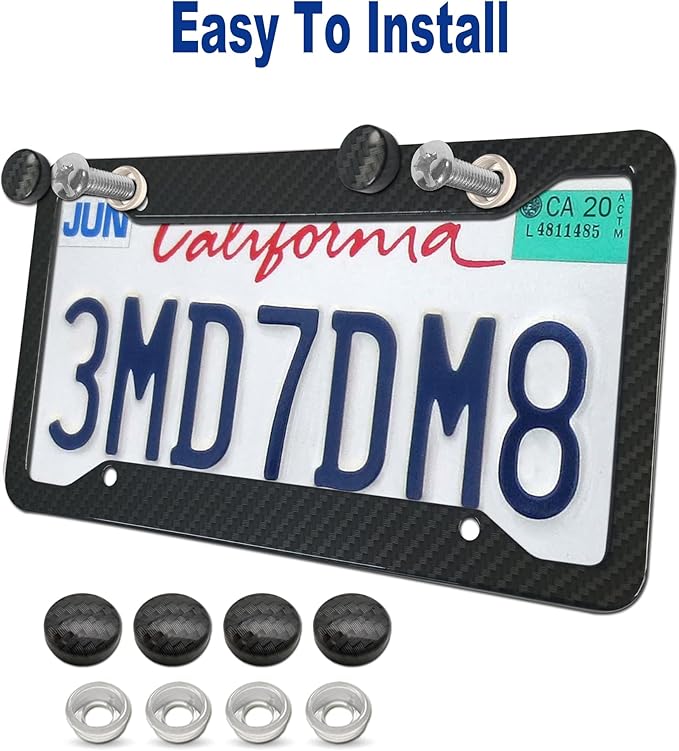 BGGTMO Carbon Fiber License Plate Frames- 2 Pack Black Aluminum Printed Carbon Patterns Car Tag Cover for Front & Rear, 4 Hole Heavy Duty Universal Holder Mount Screws with Caps