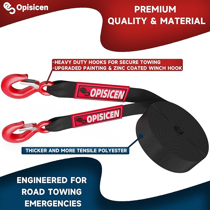 Tow Strap with Hooks 2 Inch x 20 Foot - 15,216 lbs Breaking Strength Emergency Heavy Duty Capacity Tow Rope Forged Steel Hooks for Car Truck Jeep ATV SUV, Roadside Recovery (Black, 2" x 20')