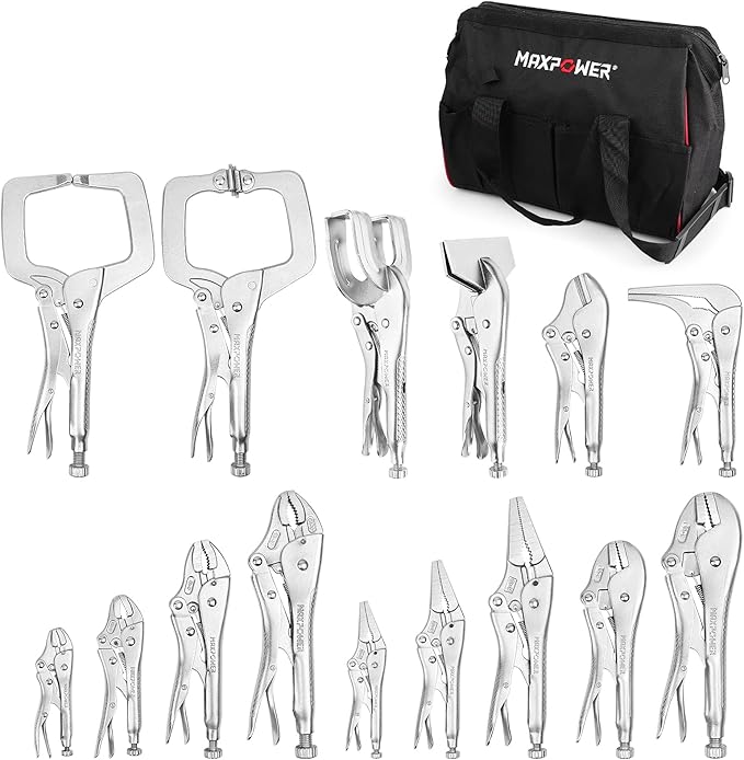 MAXPOWER 15-pc Locking Pliers Set with C-clamps, Long Nose, Pinch Off, Sheet Metal Clamp, U Shaped Pliers and Tool Bag