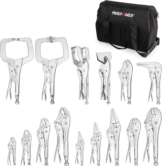 MAXPOWER 15-pc Locking Pliers Set with C-clamps, Long Nose, Pinch Off, Sheet Metal Clamp, U Shaped Pliers and Tool Bag