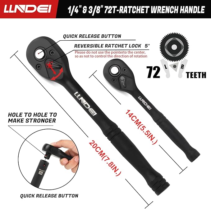 LLNDEI 1/4 & 3/8 Inch Drive Impact Socket Set, 186 Pieces Metric and Standard Full Sockets, CR-V Deep & Shallow Sockets Tool Set with Ratchet Wrench Handle, Spark Plug Socket, Bits for Mechanic