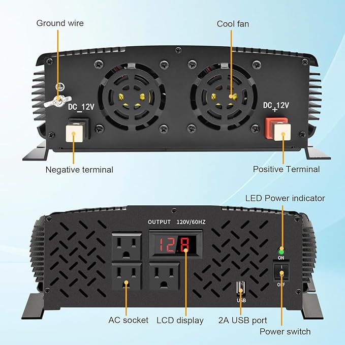 2500 Watt car Power Inverter 12V to 110V /120V, 2000+ watt invertor for RV semi Trucks Vehicles 12V to 110V Converter with 3 AC outles and LCD Screen - 2500W