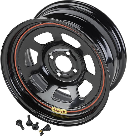 Bassett 15X7 DOT D-Hole 4x100 mm 4" BS Black Wheel w/Valve Stems