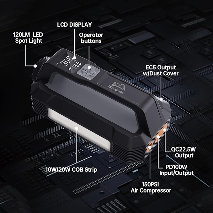6000A Car Battery Jump Starter Portable Charger with150PSI Tire Inflator Air Compressor,Air Pump and PD100W Fast Charge,1200LM Lights,12V Battery Booster Pack,Jump Box (for All Gas/12L Diesel)
