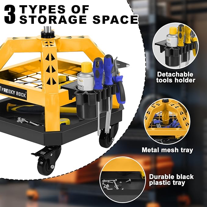 Rolling Shop Stool with Wheels, Heavy Duty Garage Work Mechanic Stool with Backrest, Adjustable Height 360°Swivel Rolling Chair with Tool Tray Storage, 330 LBS Capacity, Yellow
