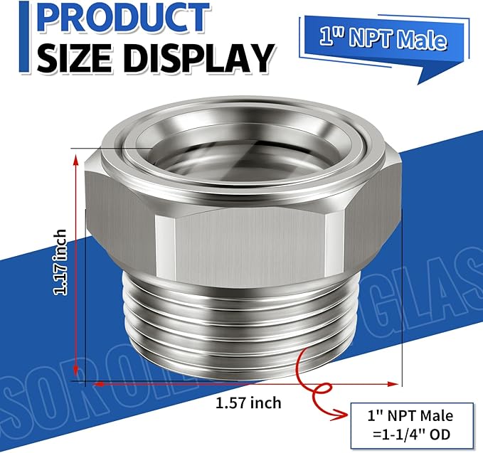 1'' NPT Male Hex Head Stainless Steel Oil Sight Glass Liquid Level Gauge Oil Indicator Window Hydraulic Tank Sight Glass For Pump Air Compressor Gearbox (1'' NPT Male)