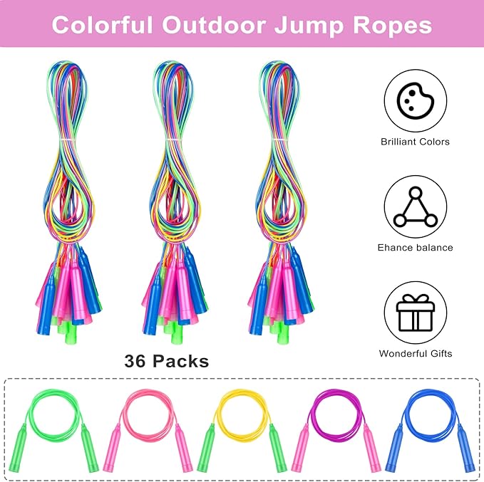 Elcoho 48 Packs Kids Jump Rope Set 7.3 Feet Adjustable Skipping Rope Colorful Kids Outdoor Jump Ropes for Kids Party Favors Outdoor Activity Birthday Reward Gift