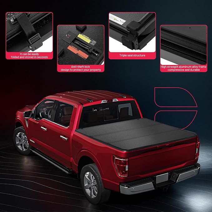 BDFHYK 5' FRP Hard Tri-Fold Truck Bed Tonneau Cover Compatible with Toyota Tacoma Double Cab 2016-2023 5.0 FT (60.3") Bed (Excl. Trail Edition) w/OE Track System, Waterproof, No-Drill, Anti-Theft