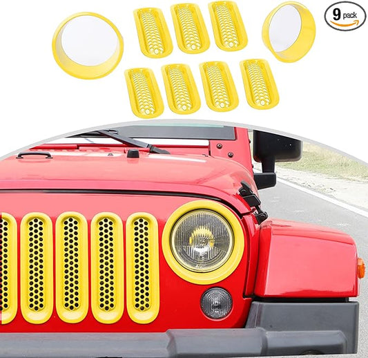 CheroCar for JK Mesh Grille Grill Insert & Headlight Cover Trim Exterior Accessories for Jeep Wrangler JK 2007-2017,Yellow…