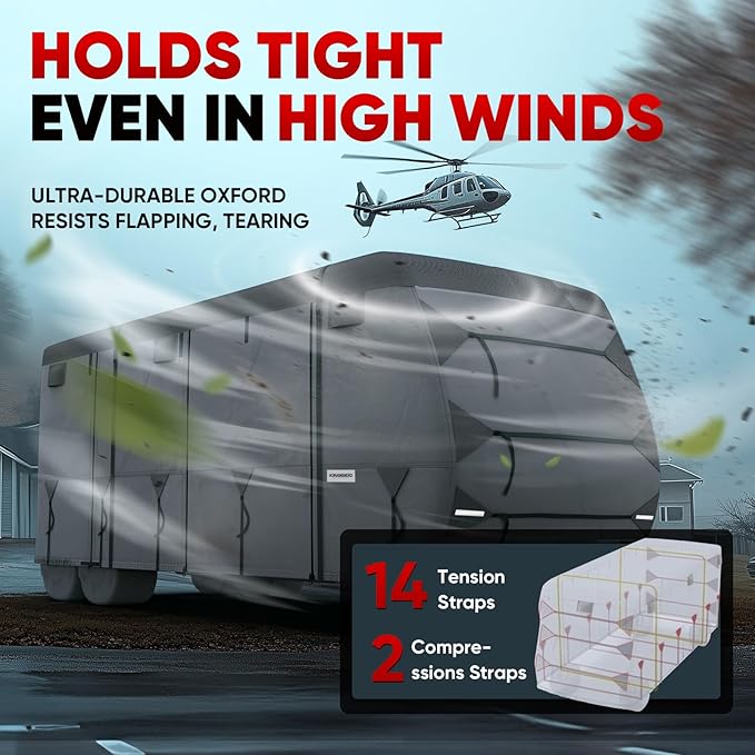 KING BIRD Oxford Fabric Travel Trailer RV Cover, 600D Oxford Camper Cover 24-27 ft Tearproof Waterproof Windproof Travel Trailer Cover with 2Pcs Extra Straps, 6 Gutter Covers & 4 Tire Covers