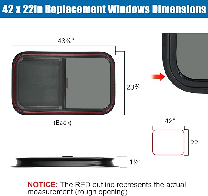 Horizontal RV Window, 42" W x 22" H Tinted Sliding RV Window with Net Screen and Trim Ring, Suitable for 15/16" or 1-3/8" and Slightly Thicker Up to 1/16" Walls, DOT Approved