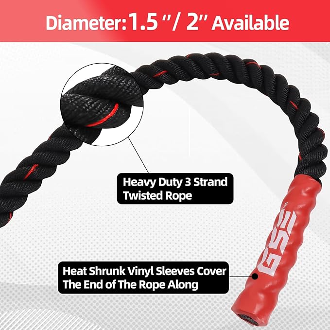GSE Games & Sports Expert Gym Battle Rope, Heavy-Duty Workout Ropes for Indoor & Outdoor Workout, Exercise Rope for Strength Training - 30,40,50 Feet Lengths Available