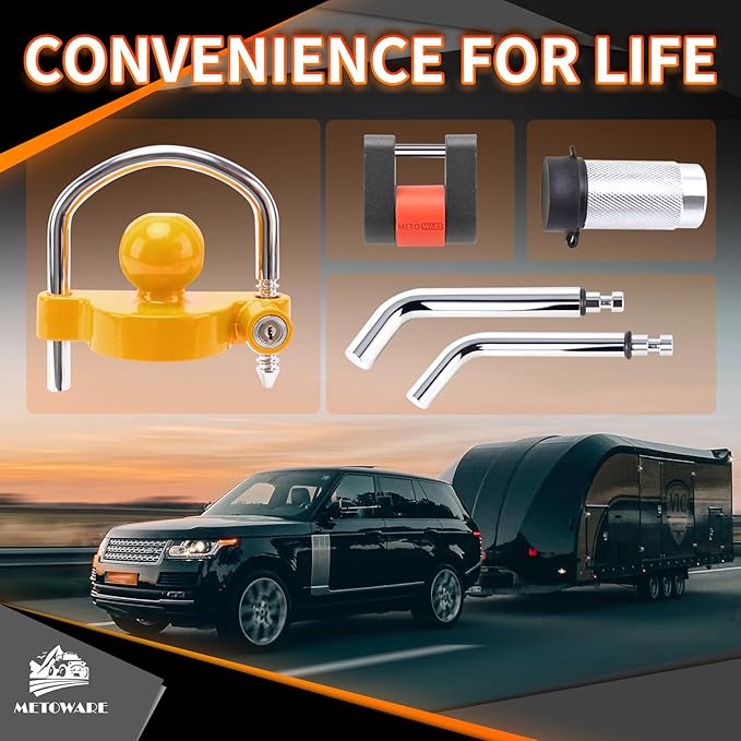 METOWARE Keyed Alike Trailer Hitch Lock Set, Fits 1-7/8", 2'' 2-5/16" Coupler, with 1/2'' and 5/8" Dia Dual Bent Pin Hitch Lock, 1/4'' Dia Span Coupler Lock, Yellow