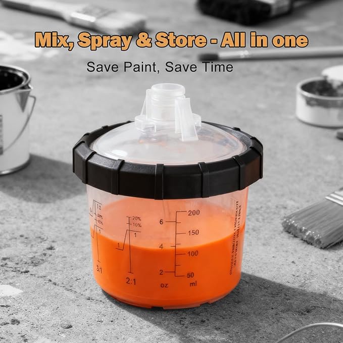 RRJ Disposable Paint Cup Automotive Spray Gun Paint System, for LVLP/HVLP Spray Gun Kit 6.7 Ounce(200ML) Mixing Cups with 50 Liners and Lids, 1 Hard Cup with Retainer Ring, 2 Adapter, Stirrer