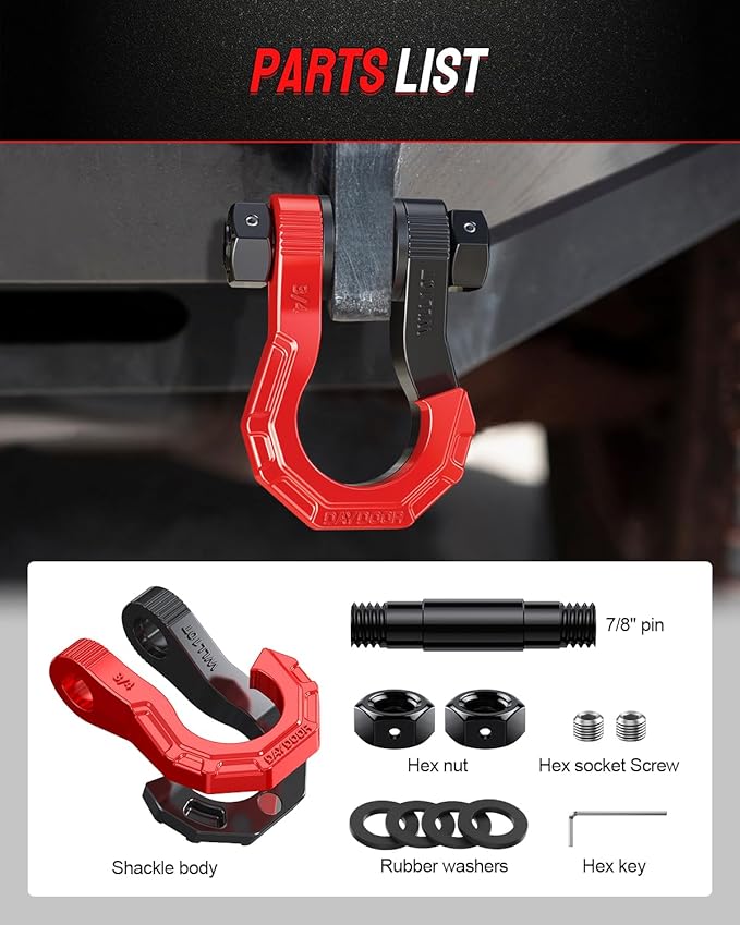 DAYDOOR 3/4" D Ring Shackles, Heavy Duty D Ring Shackles with 7/8 Pin, 45,000 lbs Break Strength Easy Open Towing Shackle for Off-Road Recovery, Winch, Trucks, Jeep, SUV & ATV (2 Pack)(Red)