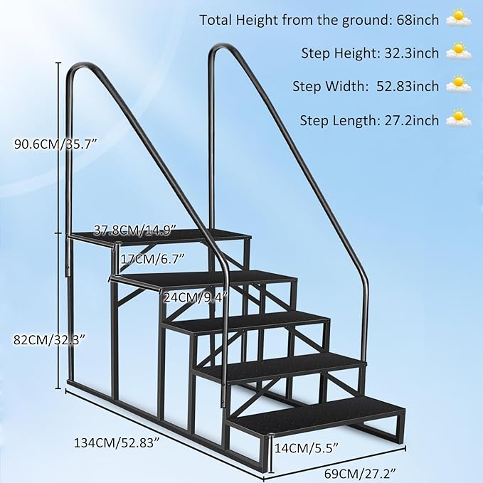 RV Steps with 2 Handrails, 5 Step RV Stairs 660lbs Load Capacity, Heavy Duty Camper Steps with Wide & Anti-Slip Platform, Portable Outdoor Metal Entry Stairs for Hot Tub, Mobile Home, Travel Trailers