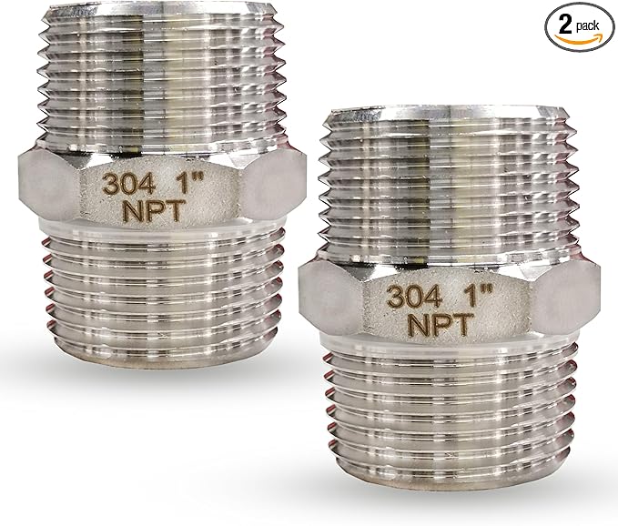 1" Male Hex Nipple Pipe Fittings, 304 Stainless Steel 1 inch NPT Threaded Pipe Adapter Fittings Equal Nipples Connectors, Male Straight Connector Pipe Fitting (1“, 2pcs)
