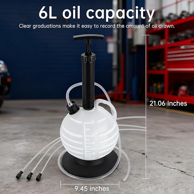 6L Manual Vacuum Oil Extractor Pump, Fluid Extractor Pump with 1 Hose and 3 Long Hard Tubes for Automotive, Marine, and Multi-Purpose Fluid Changes