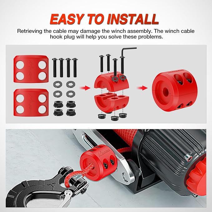 Nilight Winch Stopper for ATV UTV Truck SUV Winch Cable Hook Rubber Stopper 2 Pack Protect Towing Hook Synthetic Rope Winch Accessories Rope Line Saver with Stainless Steel Screws Allen Wrenc, Red