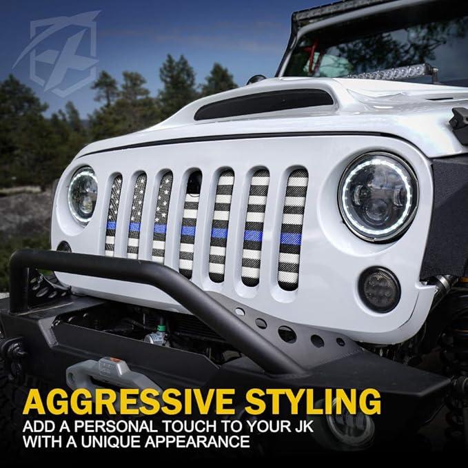 Xprite Aluminum Alloy Grill Mesh Insert Law Enforcement Blue Stripe with Hood Lock Hole Compatible with 2007-2018 Jeep Wrangler JK JKU Stock Grill