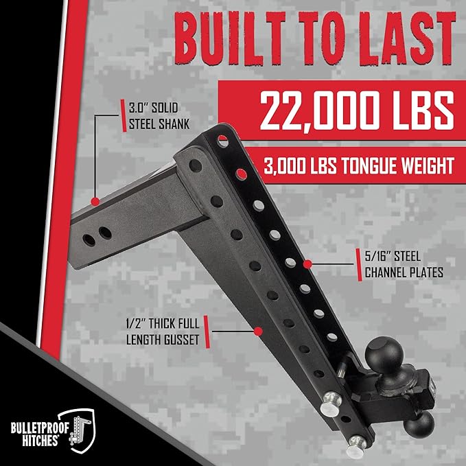 BulletProof Hitches - 3.0" Adjustable Heavy Duty Trailer Hitch (22,000 lb. Rating) - 16" Drop/Rise Trailer Hitch with 2" & 2-5/16" Dual Ball - Powder Coat, Solid Steel, Corrosion-Resistant