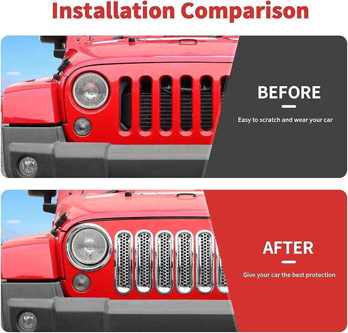 Mesh Grille Grill Insert+Headlight Turn Light Cover Trim Fit for 2007-2018 Jeep Wrangler JK JKU(Chrome)