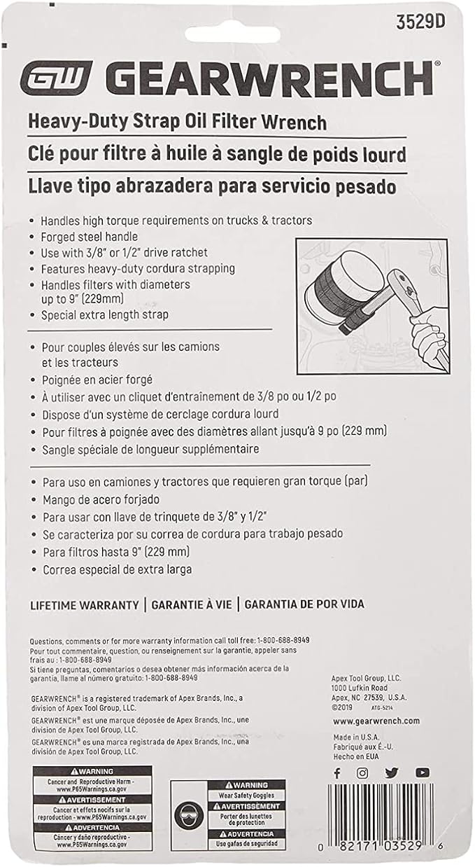 GEARWRENCH Heavy-Duty Oil Filter Strap Wrench | 3/8" & 1/2" Drive | 3529D