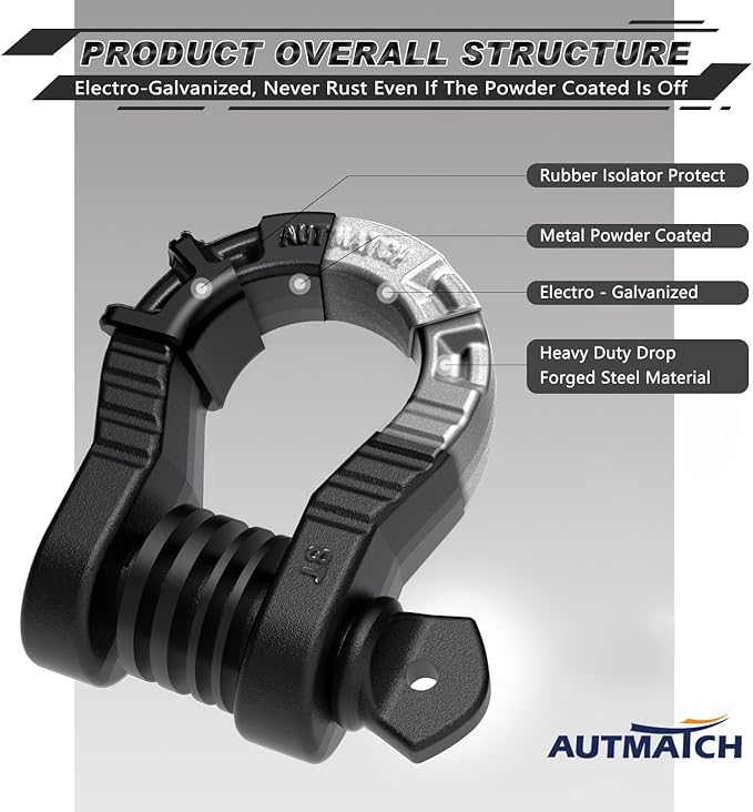 AUTMATCH D Ring Shackles 3/4" Mega Shackle (2 Pack) 68,000Ibs Break Strength - Heavy Duty Clevis Shackles 7/8" Screw Pin & Isolator Washer for Tow Strap Winch Off Road Vehicle Recovery, Frosted Black