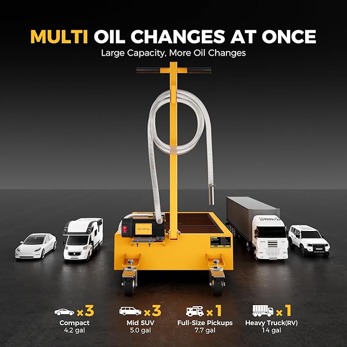 15 Gal Electric Oil Drain Pan, 110V High-Flow Pump, 9.8 FT Hose, 200 W Motor, 2 Locking Swivel Casters and 2 Directional Wheels Stable, Folding Handle, Heavy-Duty for Trucks, RVs, SUVs, Yellow