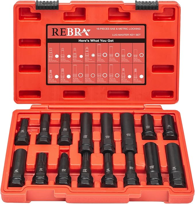REBRA 6 Spline & 7 Spline Lug Nut Socket Set, Spline Lug Nut Lock Key, Locking Wheel Lug Nut Removal Tool for Easy Installation and Removal of Lug Nuts on Aftermarket Wheels (16-Pieces)