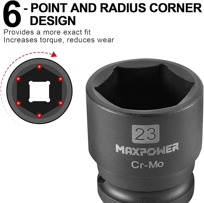 MAXPOWER 1/2 Inch Drive 23mm Standard Impact Socket, Made with Heat-Treated Chrome Molybdenum Steel, 6-Point Design, Metric