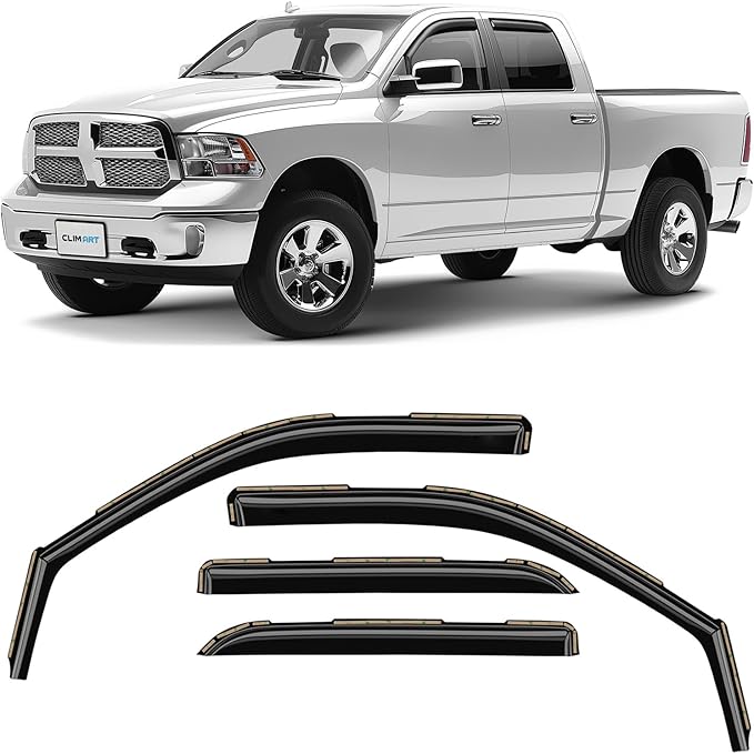 CLIM ART in-Channel Incredibly Durable Rain Guards for Dodge RAM 2009-2018 1500 Crew Cab, Mega Cab, Original Window Deflectors, Vent Window Visors, Vent Deflector Smoke Truck Accessories 4 pcs- 609006