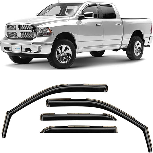 CLIM ART in-Channel Incredibly Durable Rain Guards for Dodge RAM 2009-2018 1500 Crew Cab, Mega Cab, Original Window Deflectors, Vent Window Visors, Vent Deflector Smoke Truck Accessories 4 pcs- 609006