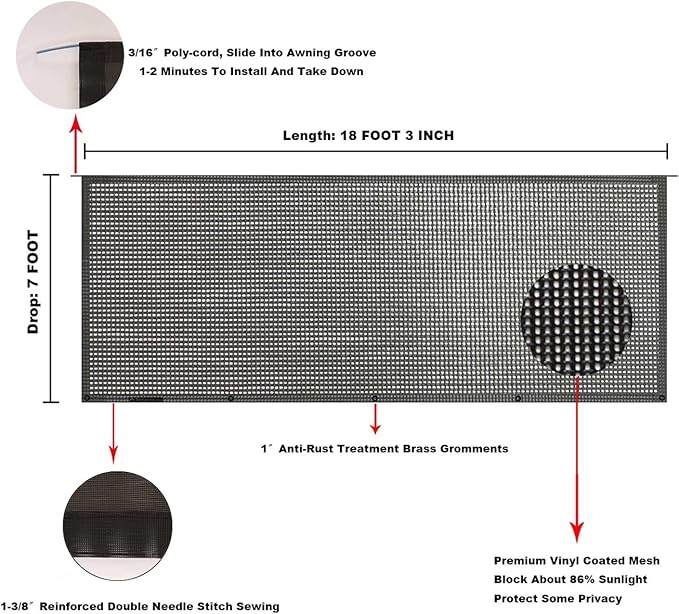 Tentproinc RV Awning Sun Shade Screen 7' X 18' 3'' (Fit for 19' Awning)- Mesh Screen Sunshade Sunblocker Motorhome Camping Trailer Awning Shadescreen Canopy Sunscreen - 3 Year Warranty (Black)