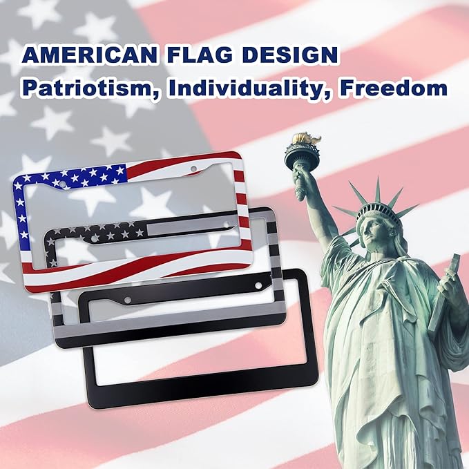 American Flag License Plate Frame - Airxwills Black Frame, 2 Packs Universal Aluminum for Front and Rear Car Tags.