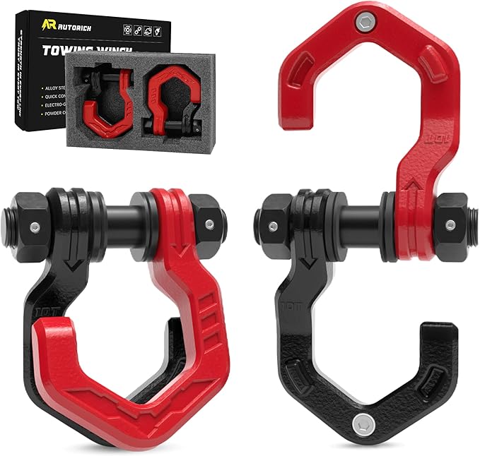 D Ring Shackles, 3/4" Separate Shackles with 7/8" Pin, Heavy Duty Recovery Shackle 57320lbs Break Strength, 4x4 Off-Road Recovery Towing Winch Shackles for Trucks, Red Black 2-Pack