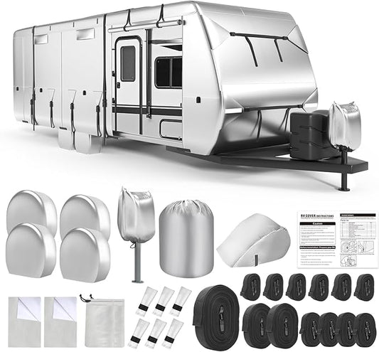 Oxford RV Cover,22-24 Ft Travel Trailer 420D Oxford Cloth,Tearproof Waterproof Windproof Camper Cover with Tongue Jack Cover,4 Tire Covers,6 Gutter Covers,3 Zippered Doors