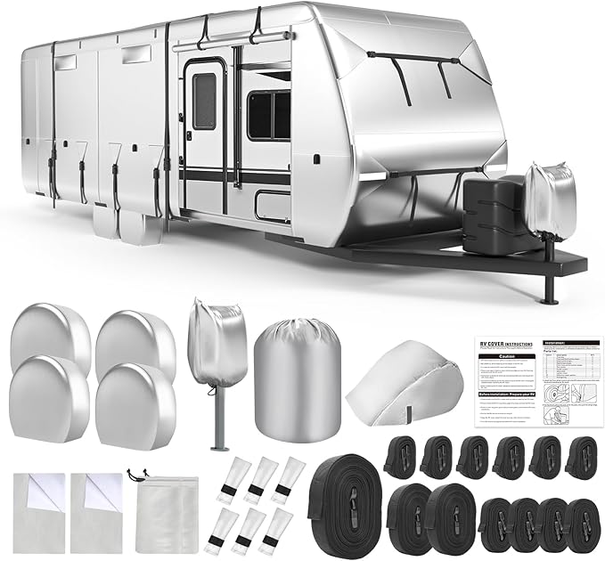 Oxford RV Cover,30-33 Ft Travel Trailer 420D Oxford Cloth,Tearproof Waterproof Windproof Camper Cover with Tongue Jack Cover,4 Tire Covers,6 Gutter Covers,3 Zippered Doors