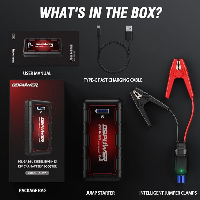 DBPOWER Jump Starter 2500A Peak 74Wh Portable Car Jump Starter (Up to 10L Gas/8L Diesel Engine) 12V Auto Battery Booster Pack with Smart Clamp Cables, Quick Charger, LED Light Jump Box