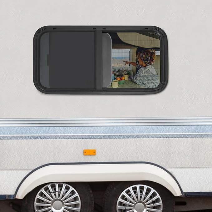 RV Window, Teardrop Horizontal Slide Black RV Window, Universal RV Window 30" W x 15" H Horizontal Sliding Window Camper Trailer Window Horizontal Sliding Replacement Glass W/Trim Ring