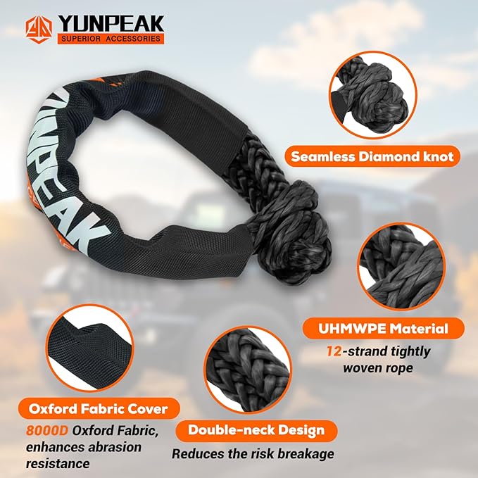 1.26" x 30ft Heavy-Duty Kinetic Recovery Rope – 56,000lbs Break Strength – Includes 2 Ultra-Strong UHMWPE Soft Shackles – Ideal for Trucks, SUVs, Jeeps, UTVs, ATVs & Tractors (Black)