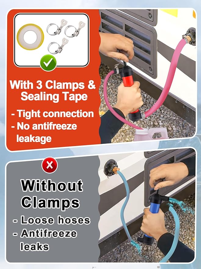 MADHOLLY Hand Fuel Pump with 3 Leakproof Clamps - RV Essentials Winterizing Kit, Antifreeze/Gas/Oil Transfer Siphon Pump