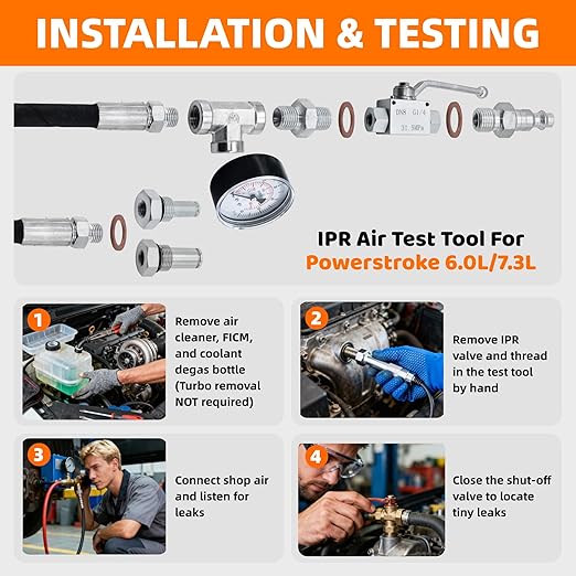 High Pressure Oil System IPR Air Test Tool Kit Compatible with Ford Powerstroke 6.0L & 7.3L Diesel Engines with Valve Air Test Fitting & Gauge Air Meter