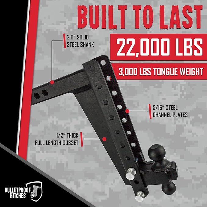 BulletProof Hitches - 2.0" Adjustable Heavy Duty Trailer Hitch (22,000 lb. Rating) - 14" Drop/Rise Trailer Hitch with 2" & 2-5/16" Dual Ball - Powder Coat, Solid Steel, Corrosion-Resistant