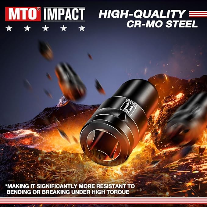 MTO 1/2" Drive 11mm Shallow Impact Socket, 6-Point Metric Socket, CR-MO Steel & Anti-Corrosion Coating for Tight Spaces and Heavy-Duty Tasks