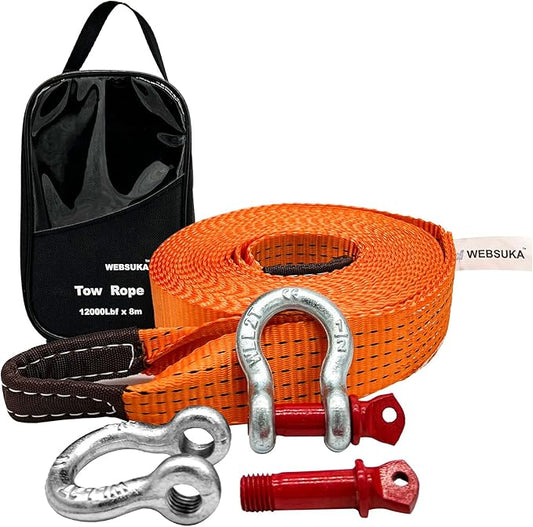 Heavy Duty Tow Straps Recovery Kit, 2" x 26ft Recovery Strap with 12000 lbs Break Strength, Heavy Duty Tow Rope D-Ring Shackles for Towing Vehicles, Boats(Orange)